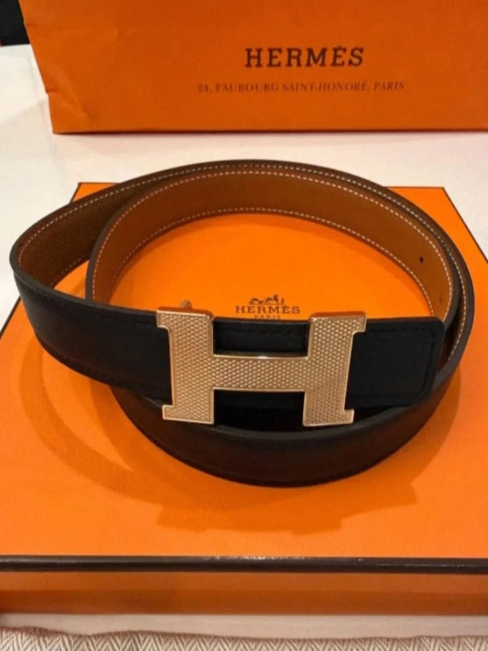 Hermès Black H Belt – 90cm, Gold Buckle with Original Box